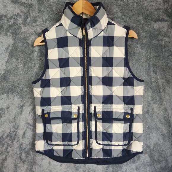 J Crew Down Quilted Plaid Puffer Vest Navy Cream Women Size Small Lined Full Zip - Picture 1 of 9